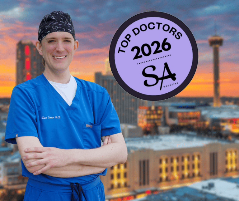 Dr. Zack Smith, recognized as one of San Antonio’s Top Doctors in 2026 for Pain Management, standing with award badge.